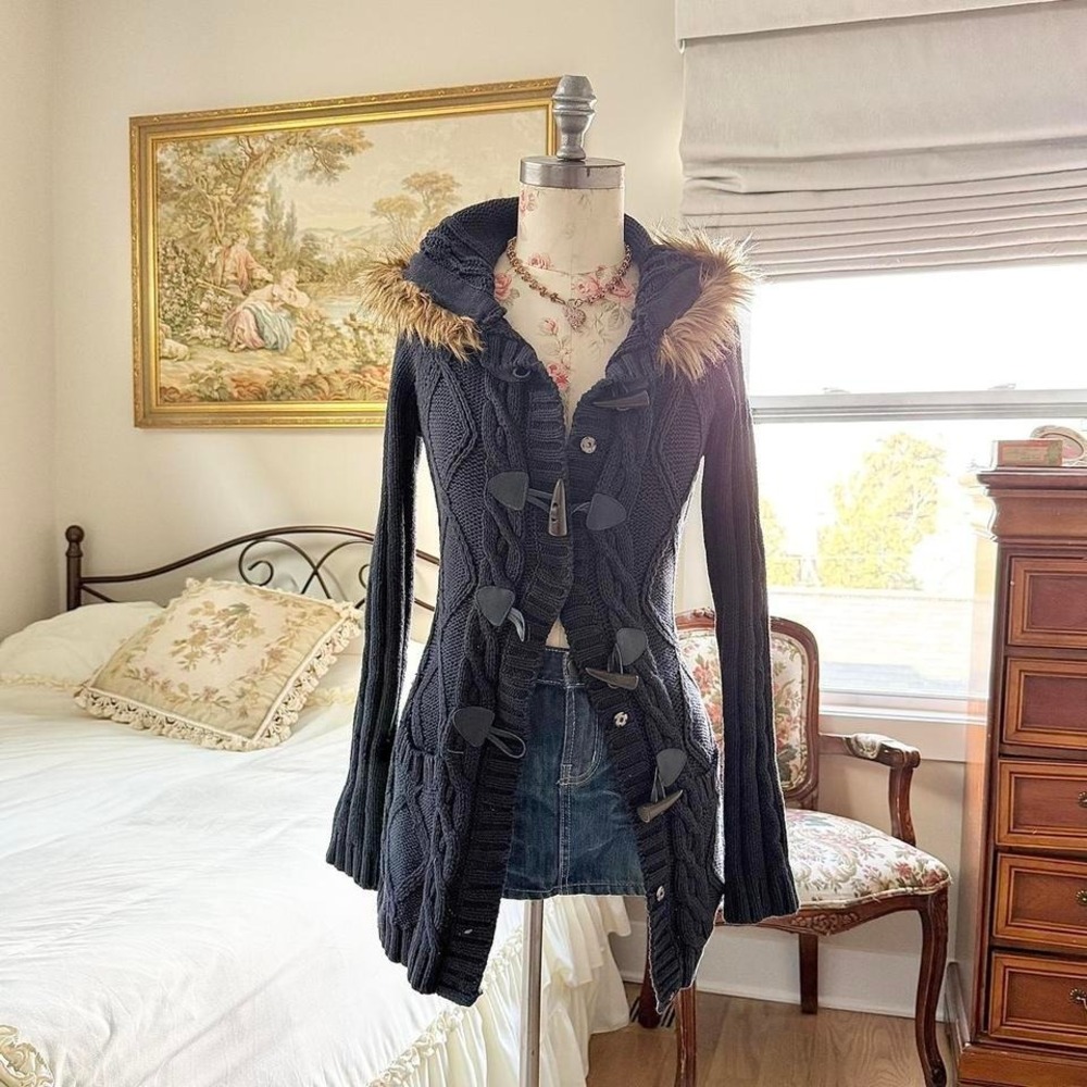 y2k navy fur hood cardigan y2k heritage cable knit toggle cardigan size medium